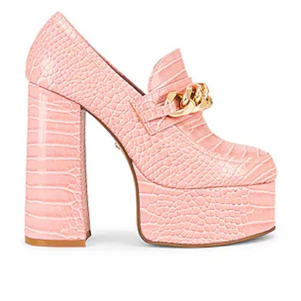 RAYE Blush Croc-Embossed Platform Heels with Gold Chain